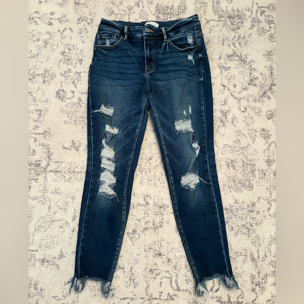Kancan Women’s Mid Rise Ankle Skinny Jeans Size 28 Distressed Frayed Zip Fly